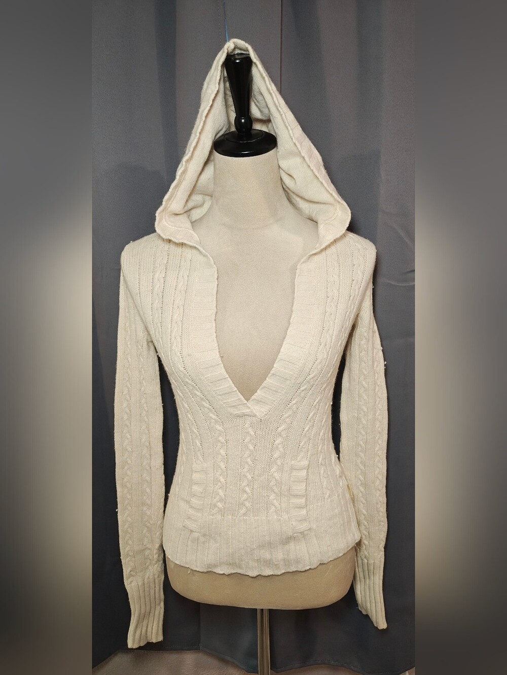 Y2K Hollister Creamy Cable Knit Rabbit Hair & Wool Hooded Sweater.